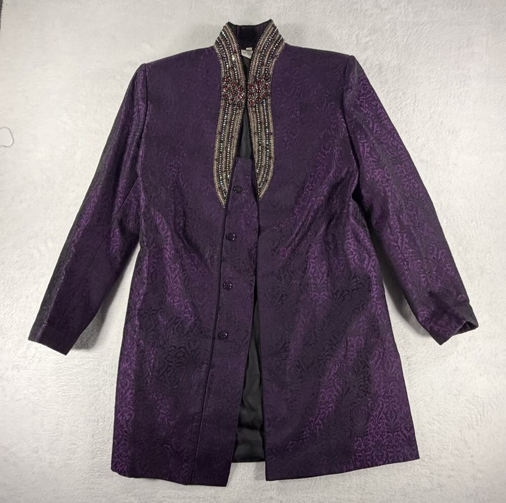 Koyo Men’s Purple Jacquard Beaded Embroidered Sherwani Jacket Indian Wedding 38